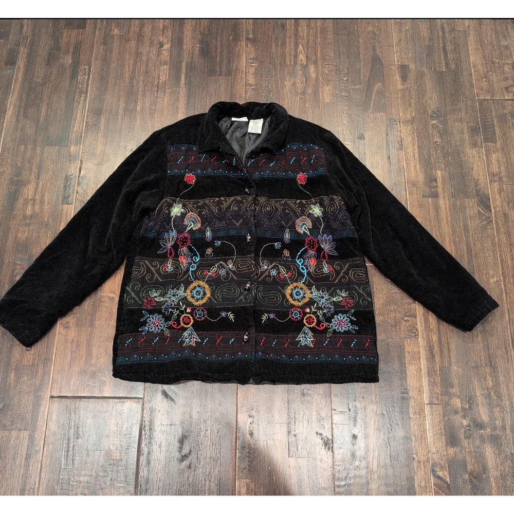 White Stag Black Embroidered Tapestry Cardigan Jacket Womens L Chenille Artsy‎